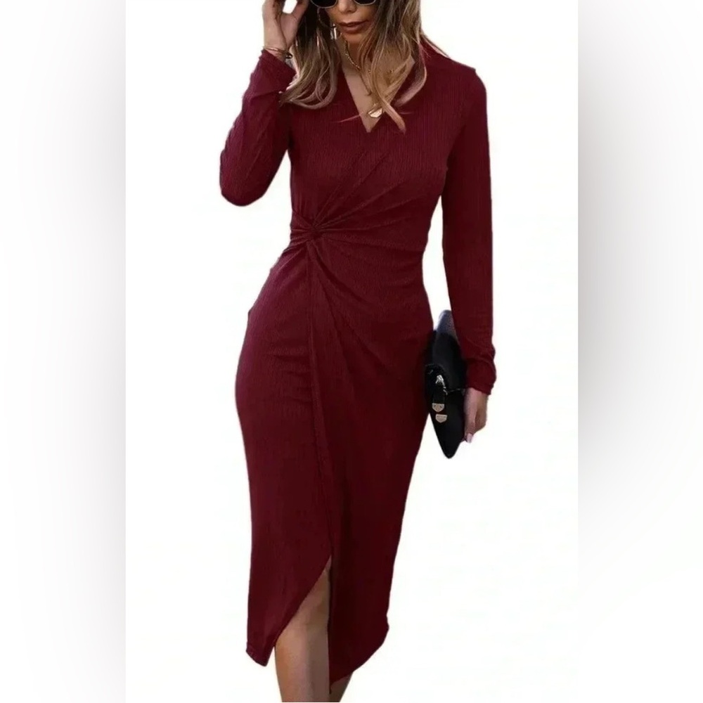 SHIBEVER - Elegant Faux Wrap Long Sleeve Dress